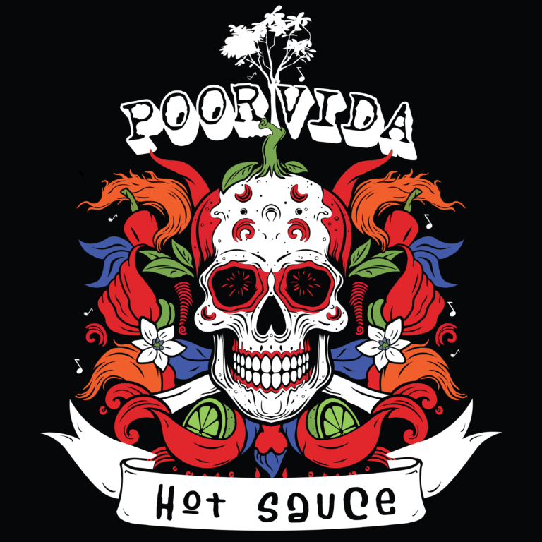 Poor Vida Hot Sauce New Branding - Skull and Cross Bones with Peppers and Flavors