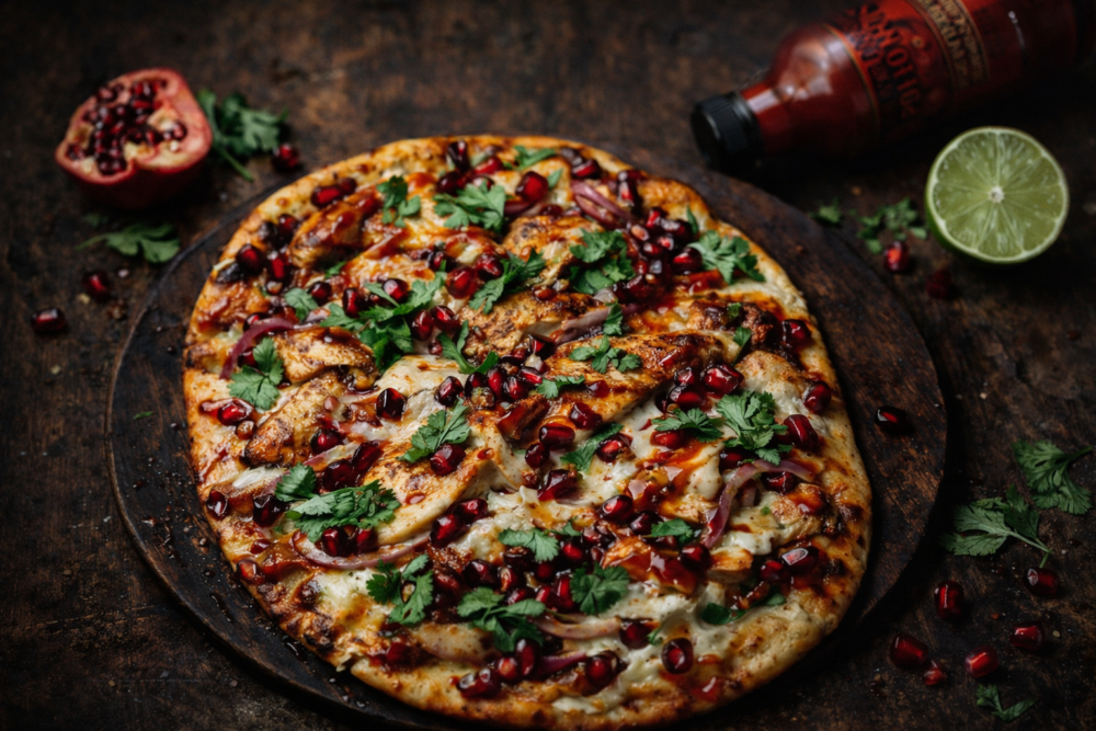 Fire & Fruit Flatbread with Poor Vida Pomegranate Ghost Hot Sauce