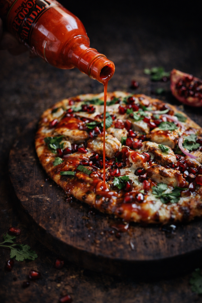 Pouring on the Pomegranate Ghost Hot Sauce