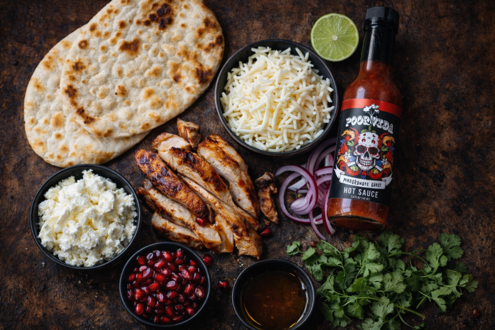 Fire & Fruit Flatbread with Poor Vida Pomegranate Ghost Hot Sauce - ingredients layed out